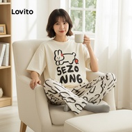 Lovito 2 Helai Set Piyama Wanita Musim Bunga/Panas Nyaman Rumah LNE121191 Lovito 2 Helai Kainga He m