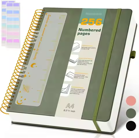 A4 Spiral Notebook, 8.5x11 Inches, 256 Pages Hardcover Leather Journal for Work School, Green
