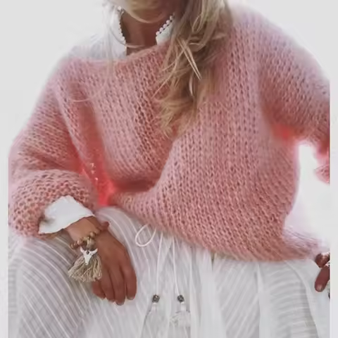 Women O-Neck Long Sleeve Knitted Sweater Tops Autumn Winter Loose Knitwear Pullovers PYMYFZC-9990D