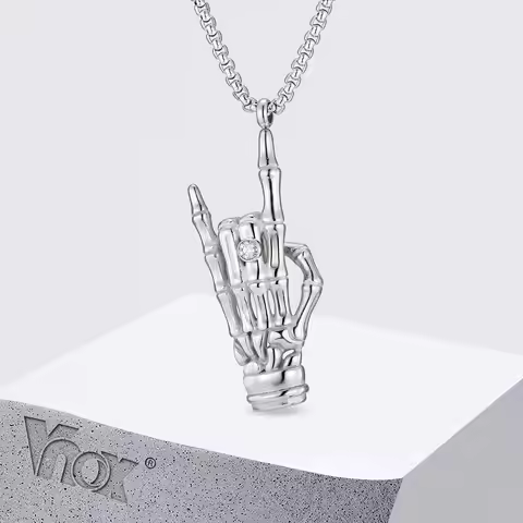 Vnox Bone Rock Hand Gesture Pendant Necklaces, Gothic Punk Music Jewelry, Men's Silver Color Stainle