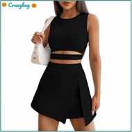 CR Women's Casual Outfits Slim Fit Sleeveless Knitted Vest And High Waist Wrap Side Split Bodycon Short Mini Skirt Skort