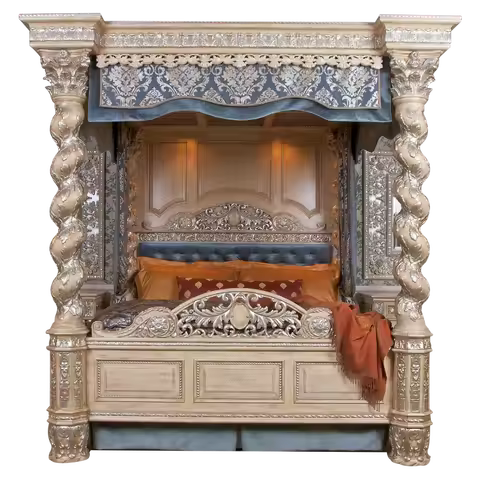 Antique Style Four Pillars Carving Large Luxury King Double Bed Bedroom Furniture Set Royal Palace W