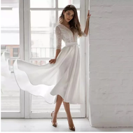 Gaun Pengantin Pendek Lengan V-Leher/ gaun simple putih/ gaun pengiring pengantin/gaun bridesmaid