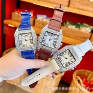 New Style Trendy Full Diamond Watch Men Santos Diamond Roman Square Watch Belt Quartz Wrist Watch fd