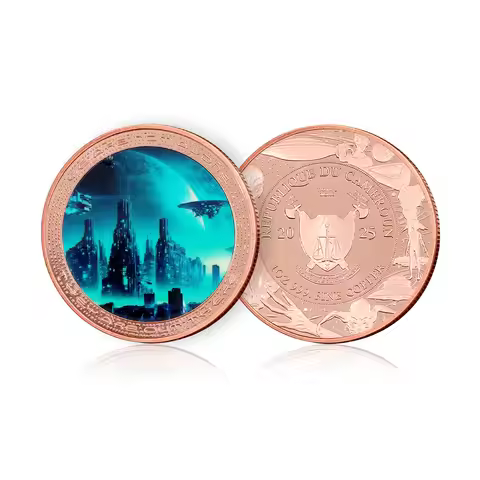 1oz .999 Fine Copper Alien UFO Futuristic City Coin Cameroon 2025 Sci-Fi Color Print Collectible Bul