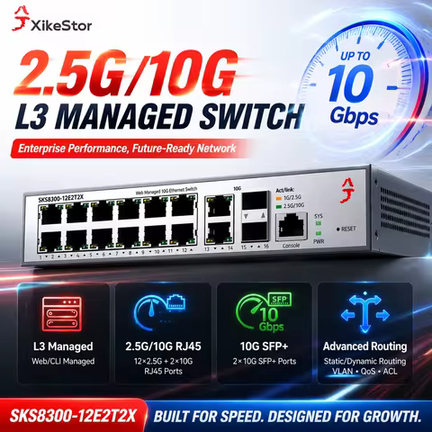 XikeStor SKS8300-12E2T2X 16 Port 2.5G L3 Managed Ethernet Switch 12x2.5G RJ45 2x10G RJ45 2x10G SFP+ 