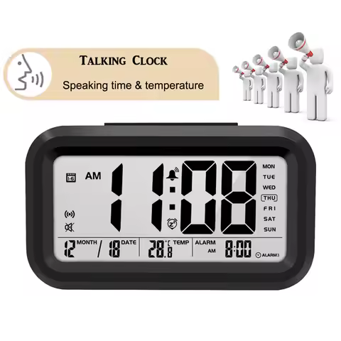 English Talking Clock Speaking Time and Temperature Digital Bedroom Snooze Alarm Clock with Thermome