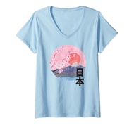 Womens Vintage Cherry Blossom Mount Fuji Japanese Art Japan Sakura V-Neck T-Shirt