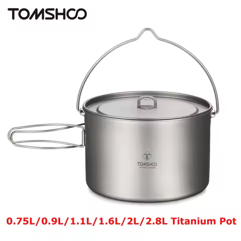 TOMSHOO Camping Cookware Titanium Pot 0.75L/0.9L/1.1L/1.6L/2L/2.8L Ultralight Hanging Pot w Lid Fold