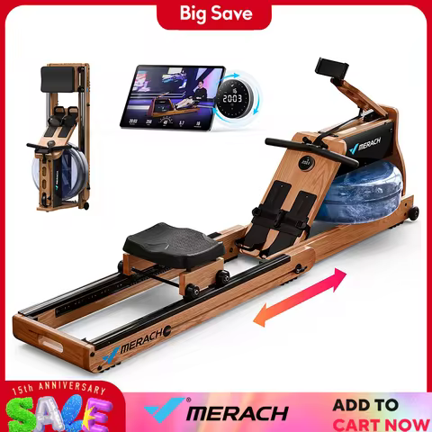 MERACH Rowing Machine Foldable Wooden Water Electromagnetic Rower Machine Exclusive App Lifetime Mem