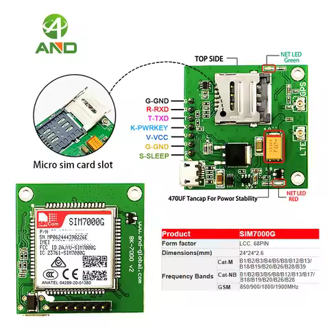 global Band LTE-FDD/TDD-LTE,Quad Band GPRS/EDGE module SIM7000G breakout pcba