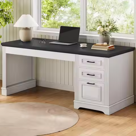 Farmhouse 55" Executive Desk, Computer Desk with Storage Drawers and Power Outlet