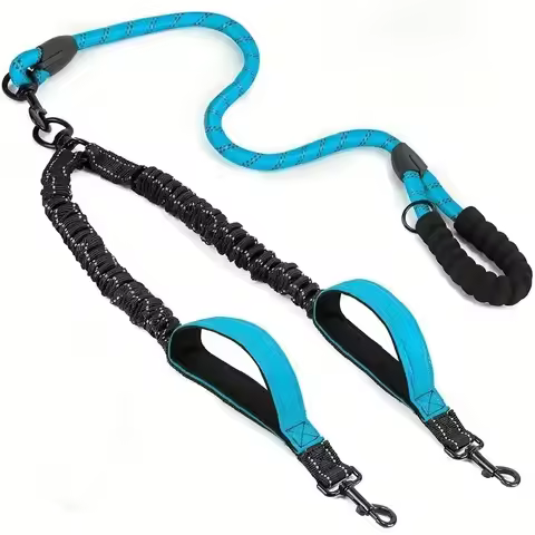 Reflective double dog leash: 360 ° rotating non-tangled double dog leash, comfortable shock absorber