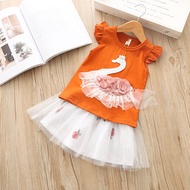 2PCS Girl Clothing Sets Swan Children Clothes Ruffles T-Shirt+Embroidery Skirt Flower Kids Set Toddl