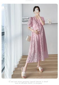Maternity Dress For Women Gentle Solid Color V-neck High Waist Floral Lace Dress Pregnant Women Dres
