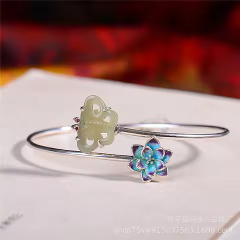 Natural Hetian 925 Silver Inlaid Retro Bracelet Jade Bangle