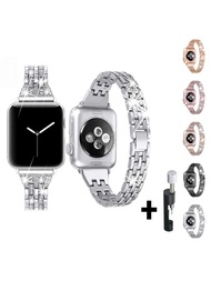 女士銀色迷人金屬水鑽閃亮錶帶相容於 Apple Watch 38/42/40/44/41/45/49 毫米舞會時尚錶帶相容於 Apple 9/Ultra/8/7/6/Se/5/4/3 手錶配件