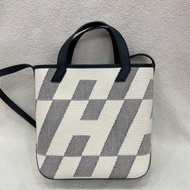 愛馬仕 Hermès Cabas H en Biais 27 黑白斜紋帆布包 帆布拼Swift皮 閒置新 B刻