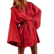 QWEEK ชุดนอนฝ้ายลินินสำหรับสตรีชุดกิโมโนเสื้อคลุมอาบน้ำขนาดเล็กมีเชือกผูกชุดนอนผ้ามัสลิน Pakaian Rumahan คาร์ดิแกนชุดนอนสตรี