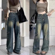 Plus Size Plus Size Ladies American High Street Cargo Jeans Women Fall Loose Slim Looking High Waist Straight Wide Leg Mop Pants