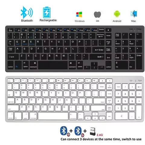 Wireless Bluetooth 5.0 Keyboard 2.4G English 102 Keycaps For MacBook iPad Tablet USB C Rechargeable 