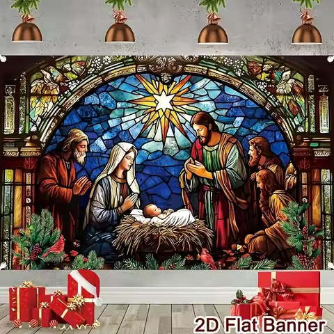 Jesus Birth Mural Steained Glass Nativity Scene Wall Tapestry Christian Jesus Birth Mural Religious 