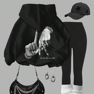 2pcs/Set Teen Girl Casual LA Hand Gesture Print Hoodie And Leggings, Punk, Streetwear, Comfortable L