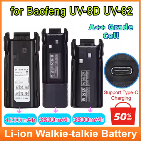 For Baofeng UV-82 Battery Pack Type-C Charge Li-ion Rechargeable DC 7.4V BL-8 UV-8D UV-82HP Radio Ac