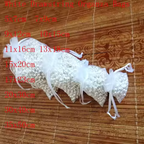 100 Pcs/lot Drawstring Organza Bags&White Jewelry Gift Pouches Large 7x9 9x12 10x15 15x20 20x30 35x5