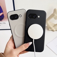 For Google Pixel 9A Casing ELVEV Smooth Plain Leather Hard PC Shockproof Suction Back Cover