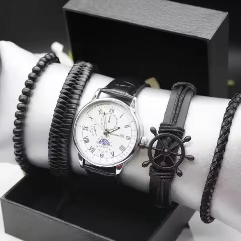 5pcs Set Men Luxury Watch High-grade Movement Three Eyes Watch Pandora Bracelets Box for Sports Runn