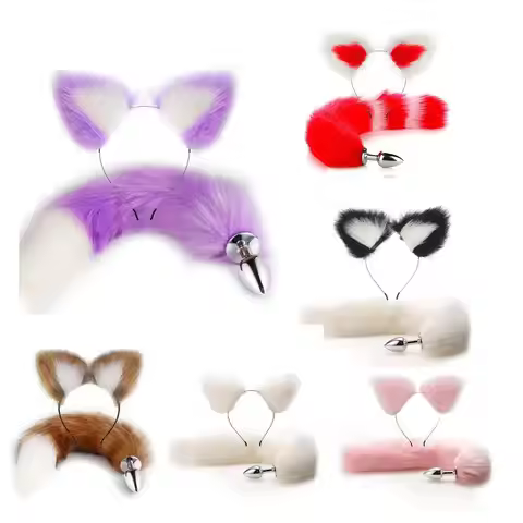 40cm Skin-friendly Fox Tail Anal Plug & Cat Ears Headband Set Fluffy Cosplay Costume for Adult Role 