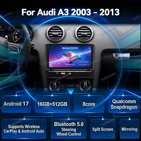 Android 17 Car Radio For Audi A3 8P 2003 - 2013 GPS NAVI 4G LTE 5G WIFI 2DIN QLED BT Qualcomm Multim