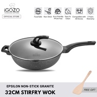 iGOZO Epsilon Non Stick Granite Stir-fry Wok Deep Fry Pan (32cm) [Free Wooden Spatula]