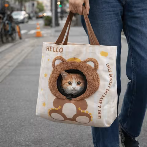 Pet Transfer Bag Breathable Cat Carrier Bag Portable Cartoon Cat Shoulder Bag with Hole Canvas Pet C