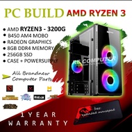 Pc Build AMD Ryzen 3 3200G 8gb ddr4 / 256gb Ssd / Glass Case with Psu