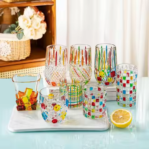 New Italy Hand Drawn Crystal Contrast Color Highball Glass Cocktail Water Drinking Glasses Old Fashi