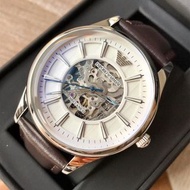 EMPORIO ARMANI 鏤空錶盤 棕色皮革錶帶 自動機械錶 AR1946