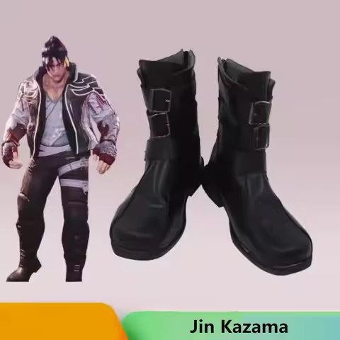 Tek Ken 8 Jin Kazama Cosplay Costume Shoes Black Handmade Faux Leather Boots
