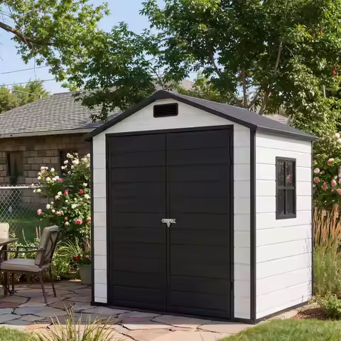 6x4 FT Resin Outdoor Storage Shed, Double Wall Waterproof Lockable Garden Tool Shed With Window, Dou
