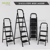 ♜OKURA Folding Steel Pipe 3  4  5  6 Wide Step Ladder Foldable Household Indoor Platfo Stair Black Tangga Lipat☸