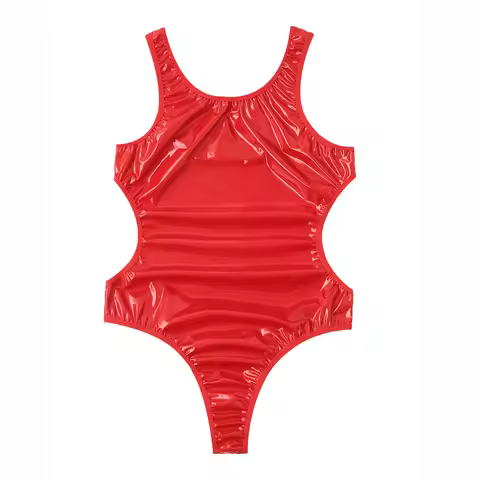 Men's Glossy Body Turtleneck Bodysuit Sleeveless PVC Leather Shirt Tops Jersey Shiny Jumpsuit Tight 