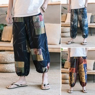 กางเกงขาบานชายขากว้างพิมพ์ลาย2019วินเทจ,กางเกงแฟชั่นลำลองทรงหลวมมีสไตล์โบฮีเมียน