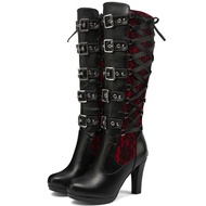 Women Lace Goth Knee High Boots Buckle Block Heel Lace Up Knee Length Boots Punk Platform Tall Boot