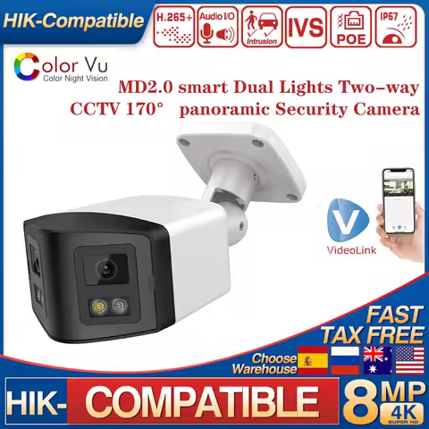 Hikvision Compatible 4K 8MP 170° Panoramic IP Camera IR&ColorVu 2-way Audio Human Detection SD Card