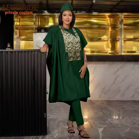 African Clothes for Women Short Sleeve Agbada Robes Embroidery Shirts Pants and Hats 4 Piece Set Das