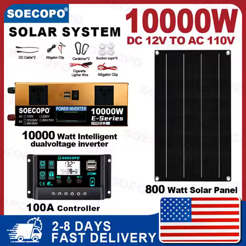 (U.S Stock 2-8 Days)SOECOPO 10000W Solar System Kit Dual Inverter 12V/24V To 110V 100A Controller 80