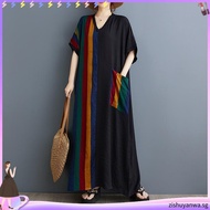 Oladivi Plus Size Fashion Striped Women Bohemian Dress Short Sleeve Casual Loose Oversized Dresses S