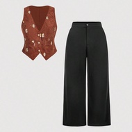 Plus Size Women's Embroidered Khaki Cropped Tank Top, Black Knit Pants Vest And Pants Set Wide Leg P