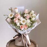 【鮮花】粉白色玫瑰鬱金香太陽花鮮花花束